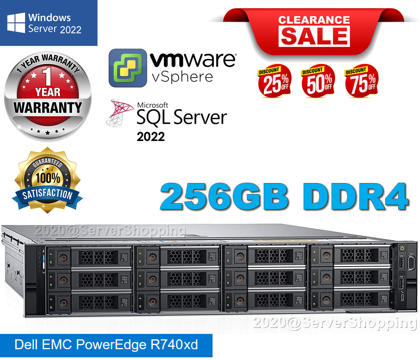Dell PowerEdge R740xd 2xGold 6138 2.00Ghz 40Core 256GB H730P 7.68TB SSD 24TB SAS
