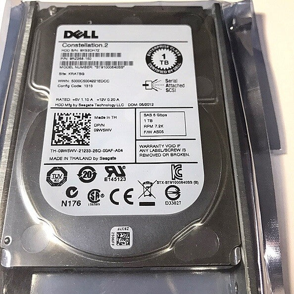  Dell Hard Drive 1TB 7.2K SAS 2.5 inch 6Gbps Hot Swap HDD - 9W5WV ST91000640SS