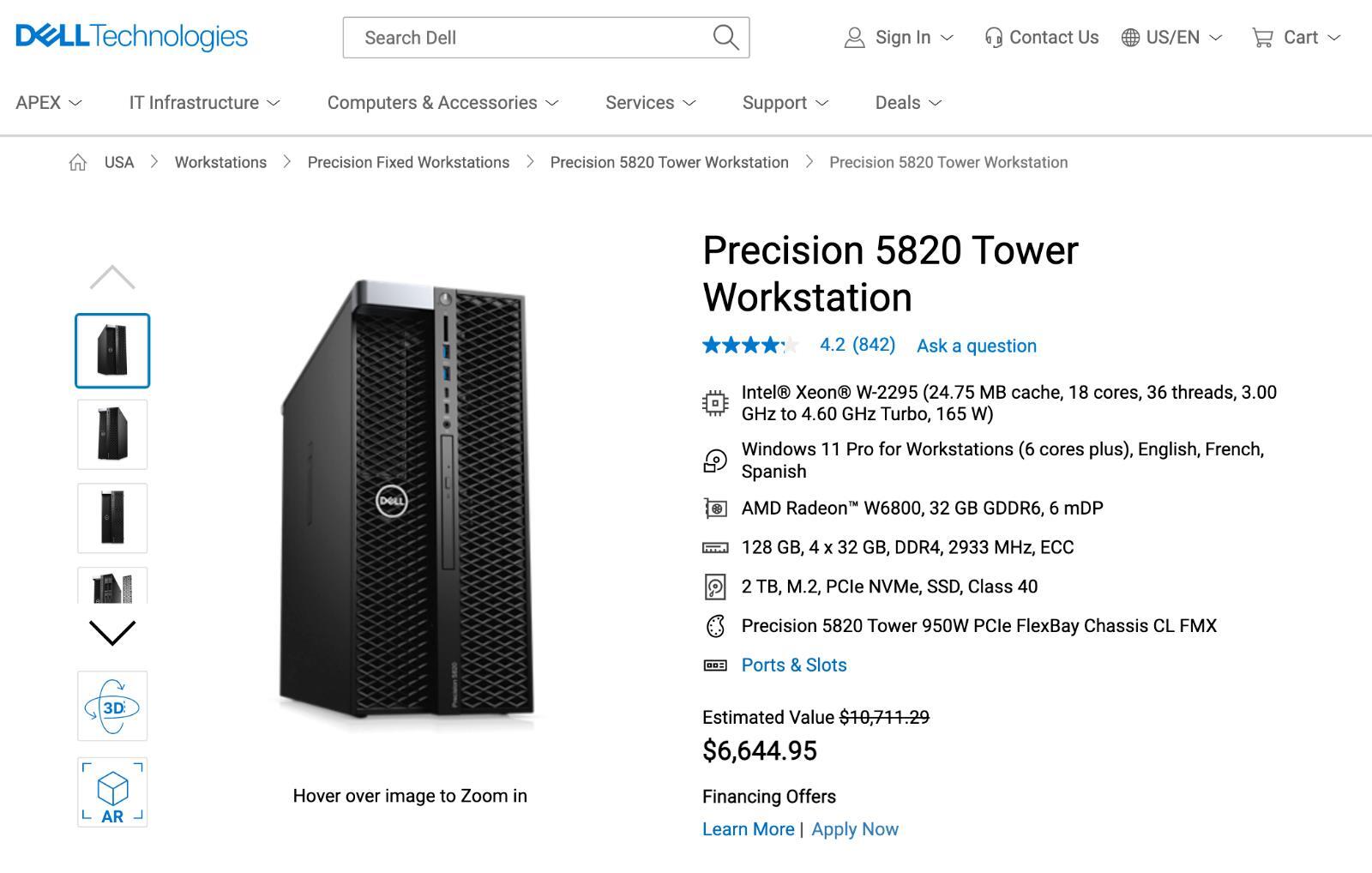 DELL T5820 3.60GHz Xeon W-2133 128GB DDR4 ULTRA 512GB NVMe SSD Quadro COLLECTION