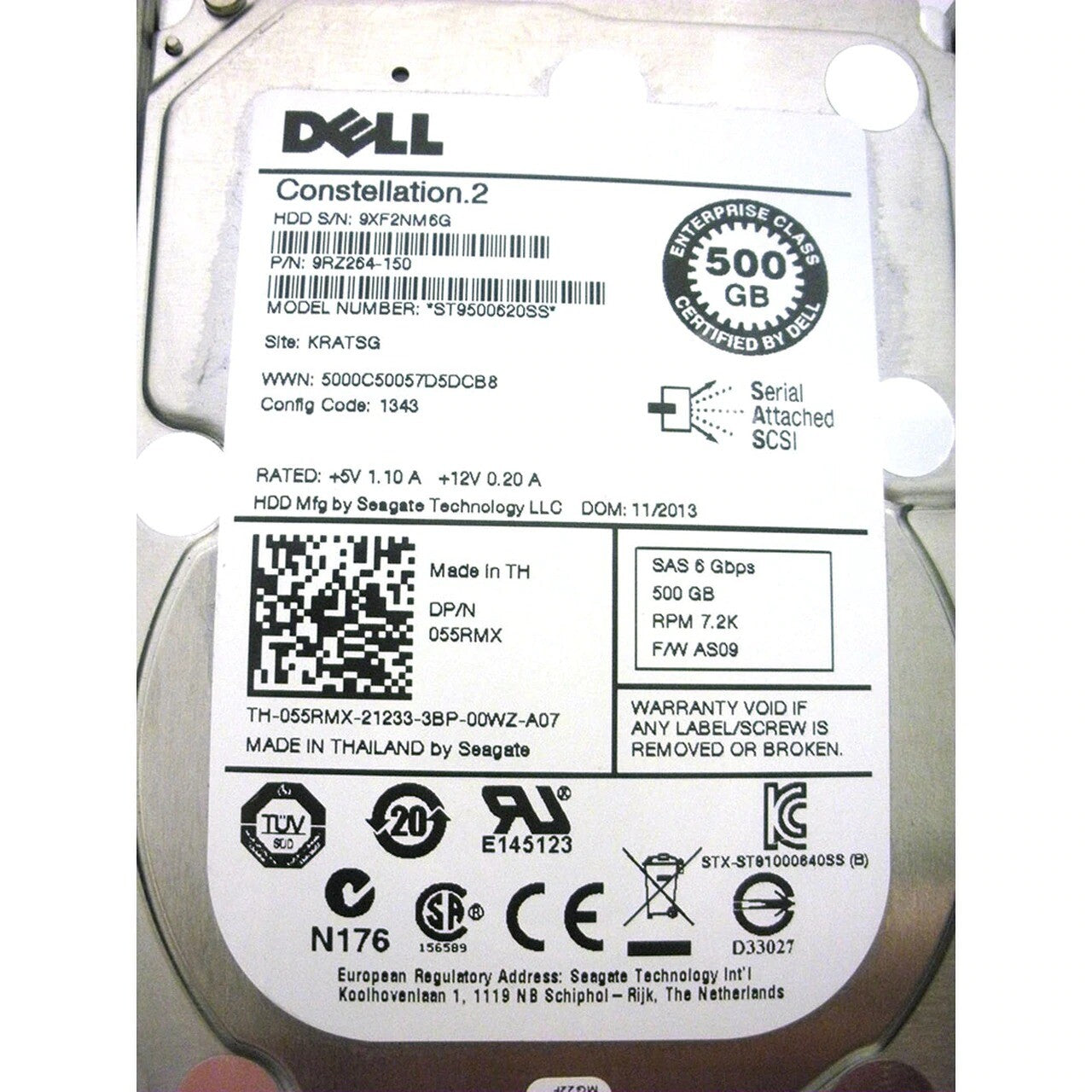 Dell 055RMX 55RMX 500gb 7200rpm Sas-6G 2.5" Hot-Plug Hard Disk Drive ST9500620SS
