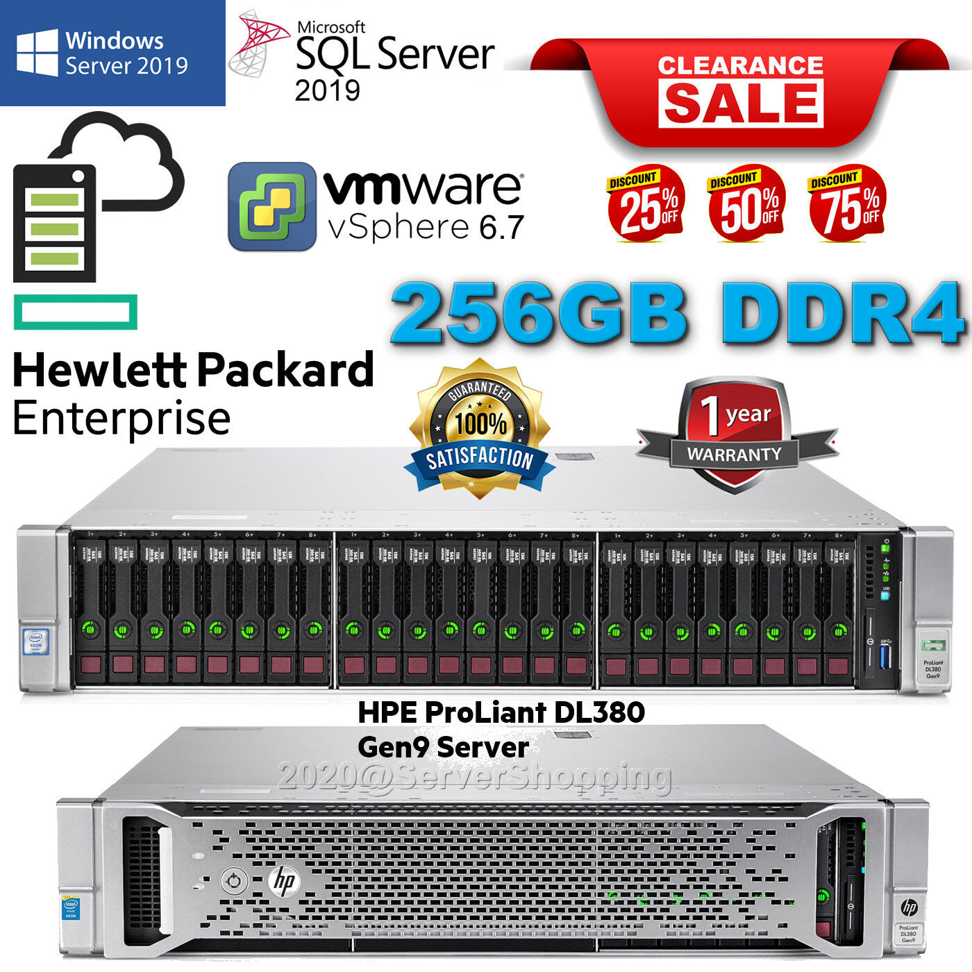 HPE DL380 Gen9 G9 2x 18Core E5-2697V4 2.30GHz 256GB DDR4 3.84TB SSD  - 9.6TB SAS